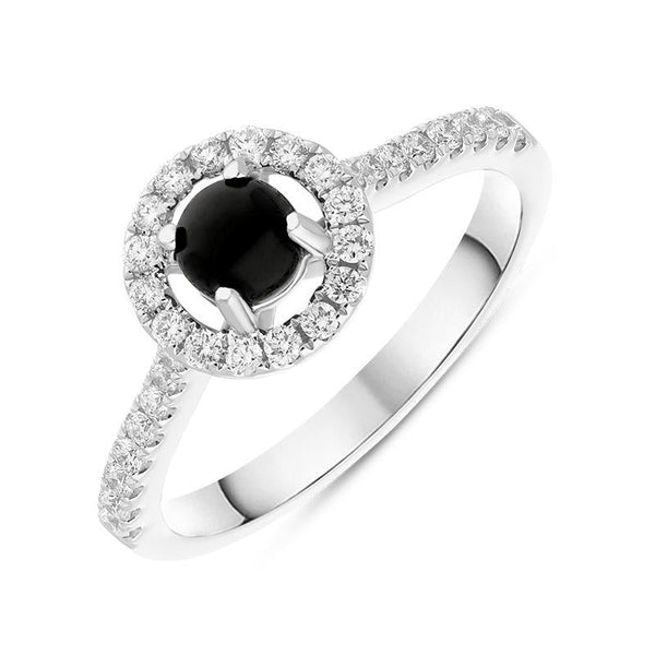 18ct White Gold Whitby Jet 0.33ct Diamond Round Halo Ring, R898.