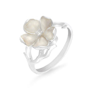 Sterling Silver Enamel and Diamond White Flower Ring