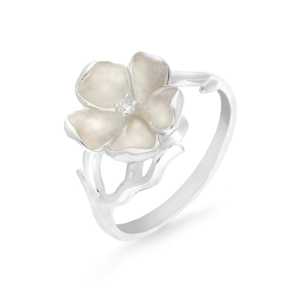 Sterling Silver Enamel and Diamond White Flower Ring