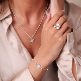 Sterling Silver Pearl Diamond Double Flower Ring