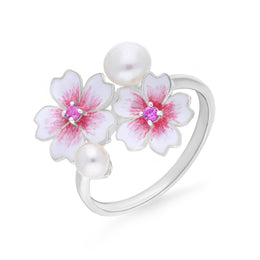 Sterling Silver Pearl Pink Sapphire Double Cherry Blossom Flower Ring