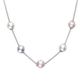 00095652 Sterling Silver Pink Grey White Pearl Five Stone Bead Necklace, N692.