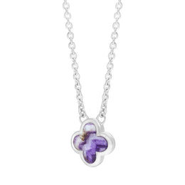 Sterling Silver Blue John Bloom Small Four Leaf Clover Polished Edge Necklace