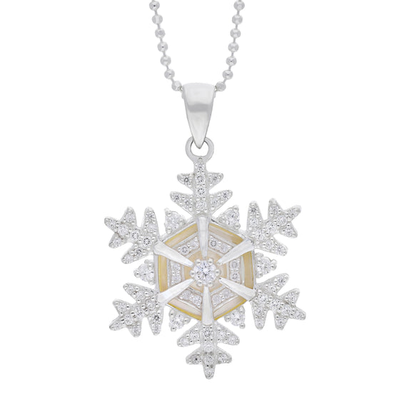Silver &amp; White Cz/Wmop 30Mm Snowflake Pendant