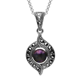 Silver Blue John Marcasite Twisted Round Pendant Necklace. P2137.