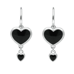 Silver Whitby Jet Double Heart Hook Earrings E2259