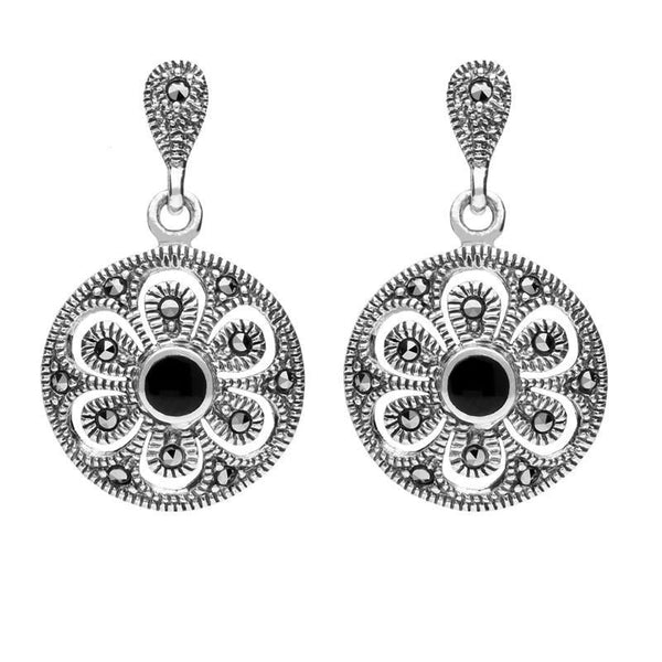 Silver Whitby Jet Drop Art Deco Floral Marcasite Earrings E1640