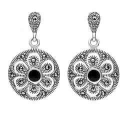 Silver Whitby Jet Drop Art Deco Floral Marcasite Earrings E1640