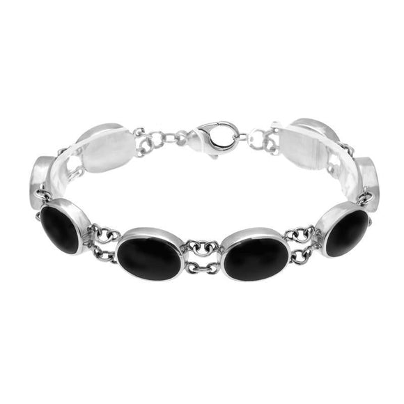 Sterling Silver Whitby Jet Eight Stone Oval Link Bracelet, B025