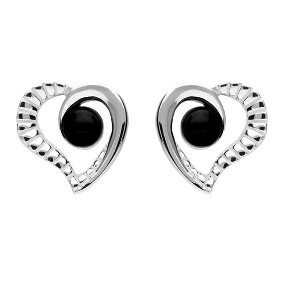 Silver Whitby Jet Half Ridged Heart Stud Earrings E1908