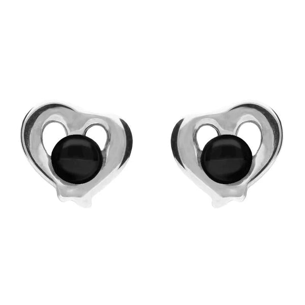 Sterling Silver Whitby Jet Heart Outline Stud Earrings. E1911.