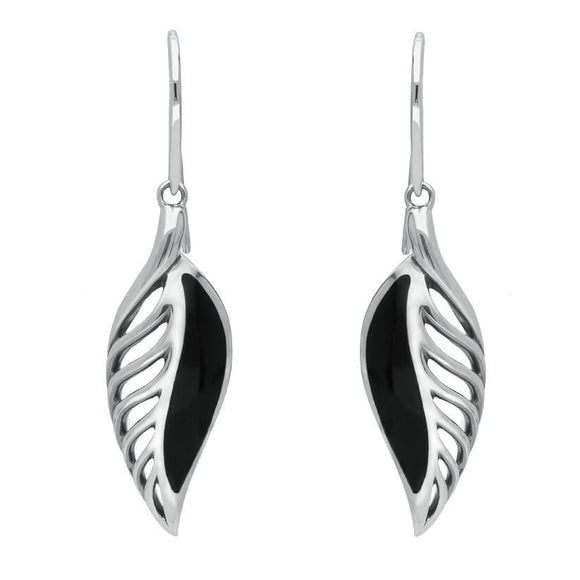 Sterling Silver Whitby Jet Eclipse Leaf Hook Drop Earrings. E2020.