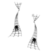 Sterling Silver Whitby Jet Gothic Articulated Spider Web Drop Earrings. E2101.