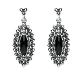 Sterling Silver Whitby Jet Marcasite Double Row Drop Earrings. E1642.