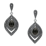 Sterling Silver Whitby Jet Marcasite Fancy Pear Stud Earrings. E2238.