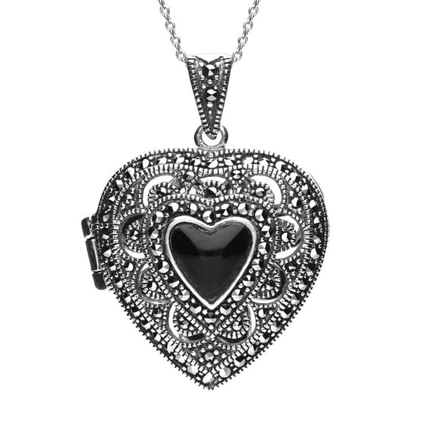 Silver Whitby Jet Marcasite Large Heart Locket Necklace P2149