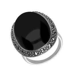 Silver Whitby Jet Marcasite Large Oval Ring R824