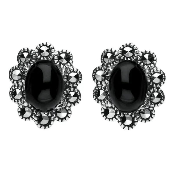 Sterling Silver Whitby Jet Marcasite Oval Beaded Edge Stud Earrings. E1637.