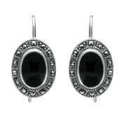 Silver Whitby Jet Marcasite Oval Drop Earrings E1787