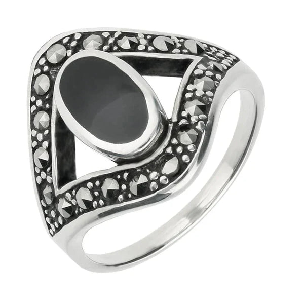 Sterling Silver Whitby Jet Marcasite Oval Split Edge Ring. R459.