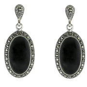 Sterling Silver Whitby Jet Marcasite Oval Star Back Drop Earrings. E1790.