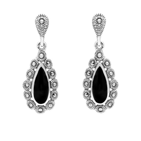 Silver Whitby Jet Marcasite Pear Centre Round Bead Earrings E1643