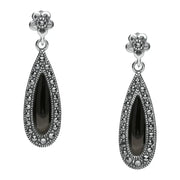 Sterling Silver Whitby Jet Marcasite Pear Drop Stud Earrings. E2236.
