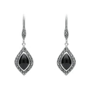 Sterling Silver Whitby Jet Marcasite Pointed Pear Hook Earrings. E2239.