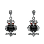 terling Silver Whitby Jet Marcasite and Garnet Owl Drop Earrings. E2237.