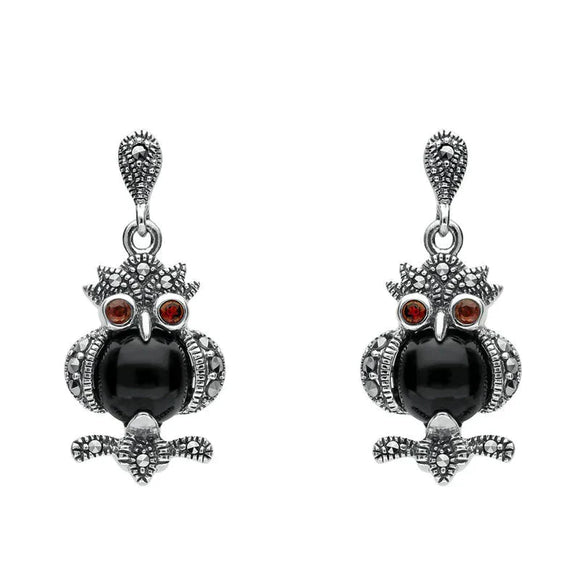 terling Silver Whitby Jet Marcasite and Garnet Owl Drop Earrings. E2237.