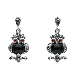 terling Silver Whitby Jet Marcasite and Garnet Owl Drop Earrings. E2237.