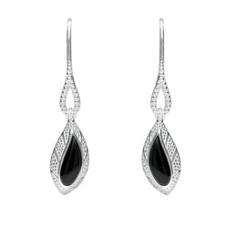 Sterling Silver Whitby Jet Marquise Beaded Edge Earrings. E1616.