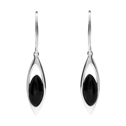 Sterling Silver Whitby Jet Marquise Open Drop Hook Earrings. E2041.