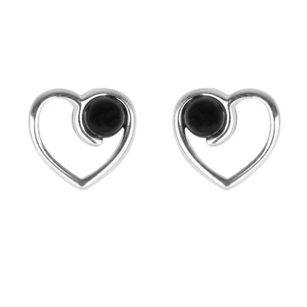 Sterling Silver Whitby Jet Open Heart Bead Stud Earrings. E1802.