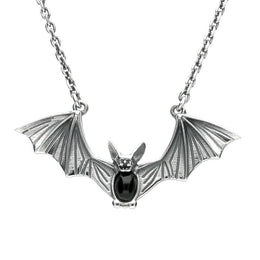 Silver Whitby Jet Oval Belly Bat Necklace N845
