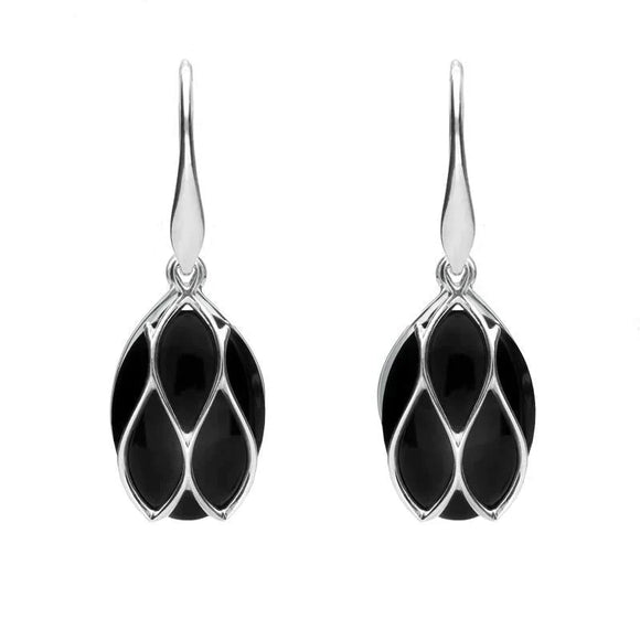 Sterling Silver Whitby Jet Oval Caged Drop Earrings. E2124.