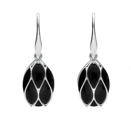 Sterling Silver Whitby Jet Oval Caged Drop Earrings. E2124.