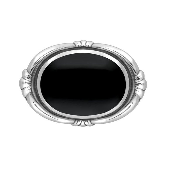 Sterling Silver Whitby Jet Heritage Oval Fleur Brooch, M057.