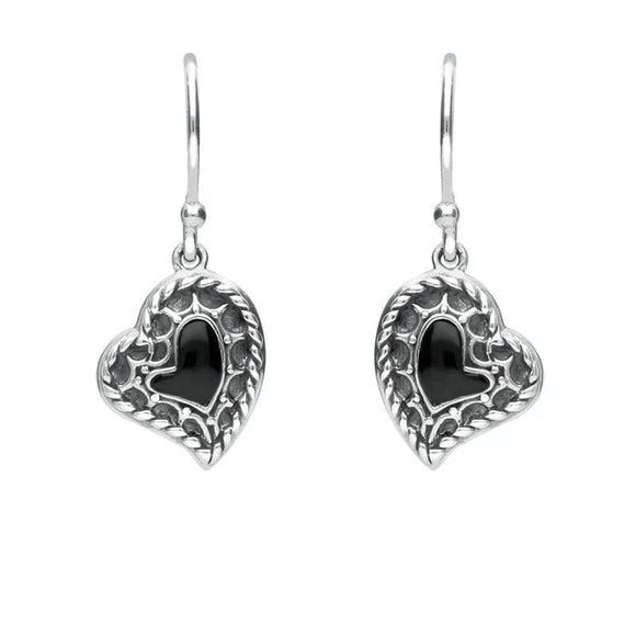 Silver Whitby Jet Oxidised Heart Drop Earrings E1956