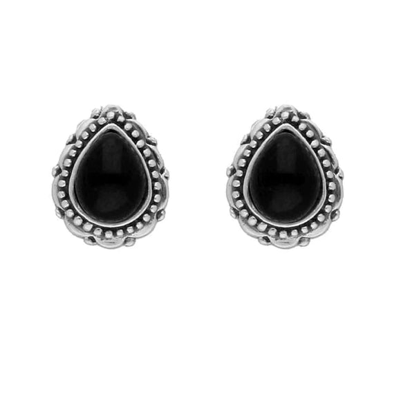 Sterling Silver Whitby Jet Pear Beaded Lace Edge Stud Earrings. E1623.