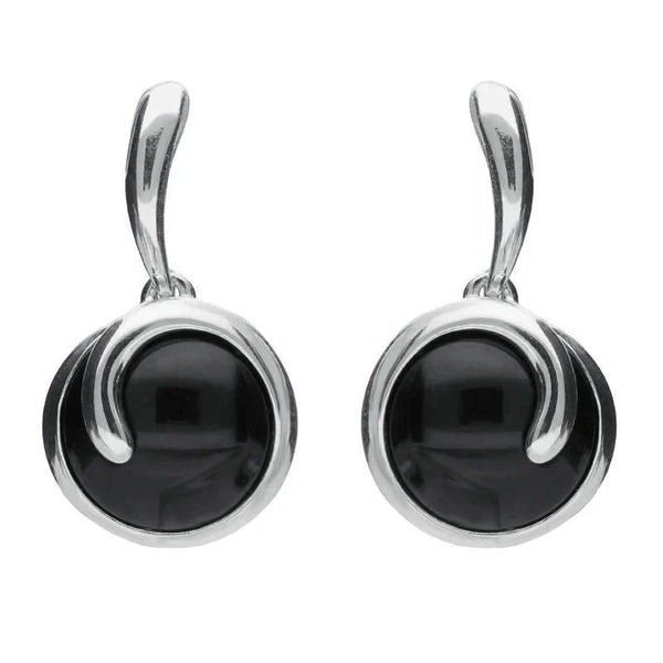 Sterling Silver Whitby Jet Round Swirl Drop Earrings E2131