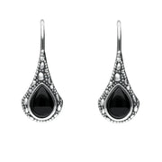 Sterling Silver Whitby Jet Stone Teardrop Oxidised Drop Earrings E1919