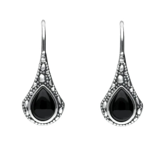 Sterling Silver Whitby Jet Stone Teardrop Oxidised Drop Earrings E1919