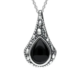 Silver Whitby Jet Stone Teardrop Oxidised Necklace P2535
