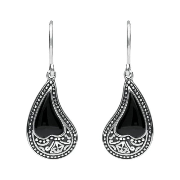 Sterling Silver Whitby Jet Tear Shape Oxidised Drop Earrings E1955