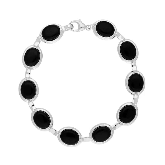 Sterling Silver Whitby Jet Ten Stone Oval Link Bracelet, 