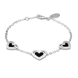 Sterling Silver Whitby Jet Three Stone Heart In Heart Bracelet