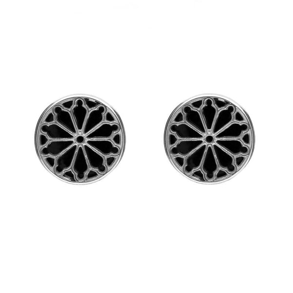 Sterling Silver Whitby Jet Whitby Abbey Round Window Stud Earrings. E2108.