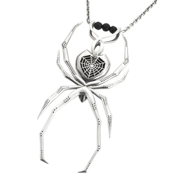 Silver Whitby Jet and Marcasite Gothic Spider Necklace P2039C