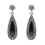 Sterling Silver Whitby Jet Marcasite Pear Drop Stud Earrings E2236